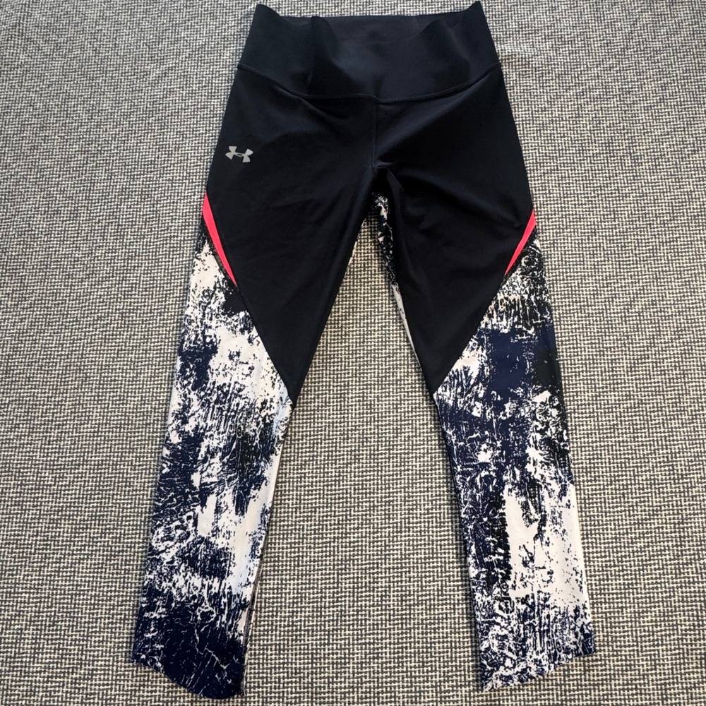 Under Armour Womens Compression Leggings Black Navy Abstract Print Pink Trim LG